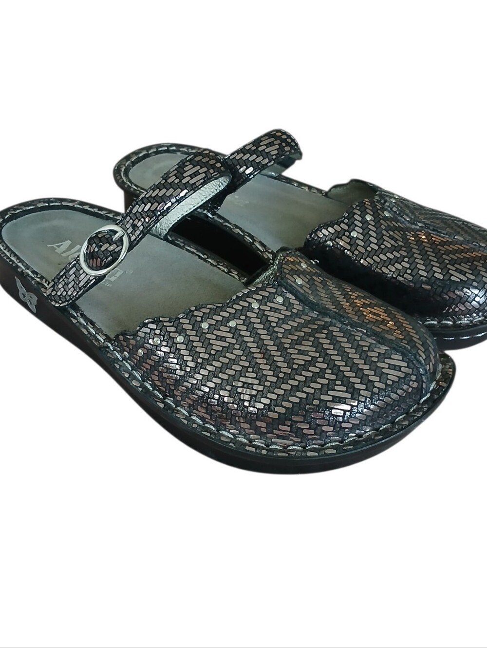 ALEGRIA Tuscany Leather Mary Jane Clogs Women's 7.5W Silver Pewter Studded Comfy